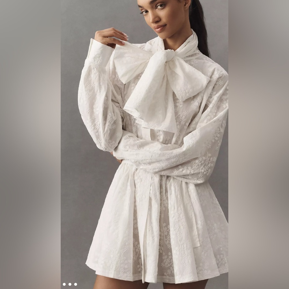Norma Kamali Long-Sleeve Oversized Bow-Neck Mini Shirt Dress